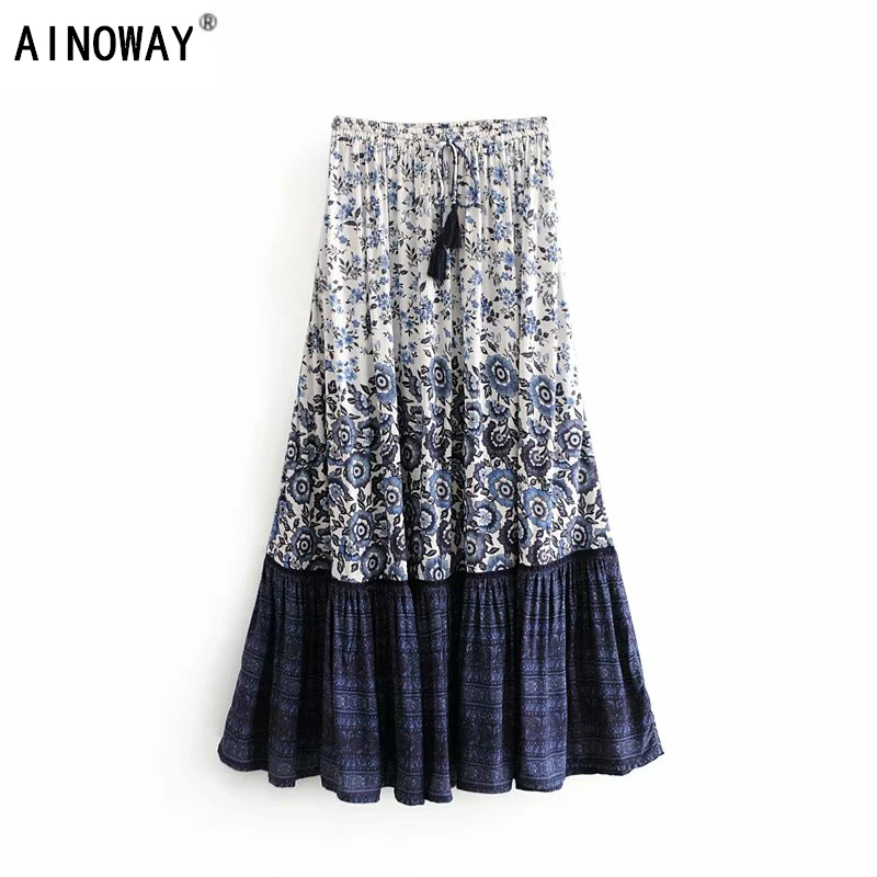 Женская винтажная юбка макси из вискозы с цветочным принтом и кисточками высокой