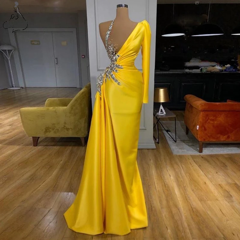 Robe de soirée longue en Satin jaune, asymétrique épaule dénudée, jupe de luxe, perlée, élégante, robes de bal, 2021  (0)