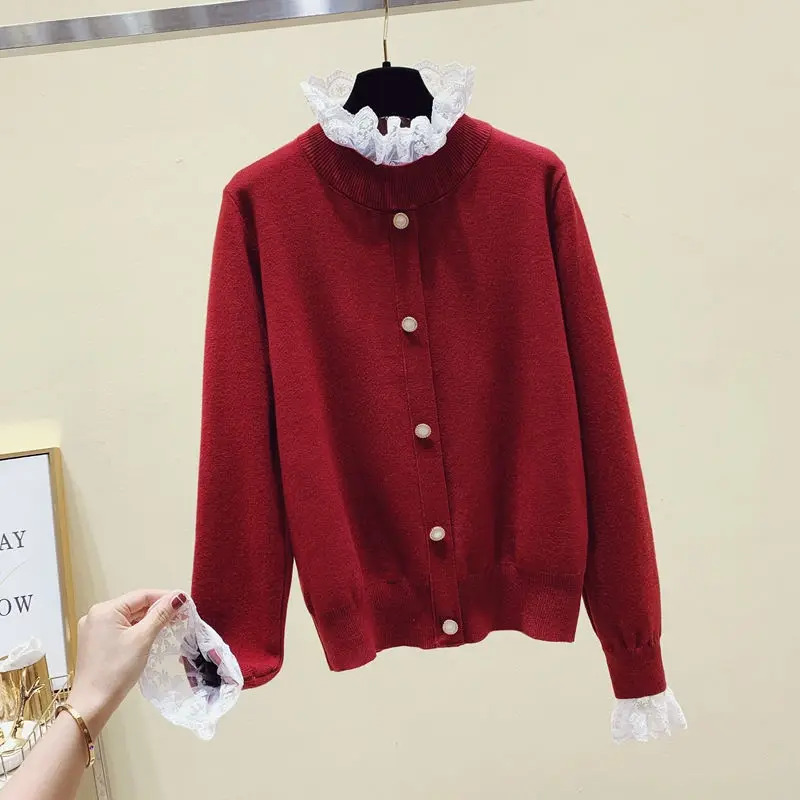 

Новинка 2021, осенне-зимний вязаный свитер, Женский Повседневный кружевной модный элегантный милый женский пуловер в стиле пэчворк для колле...