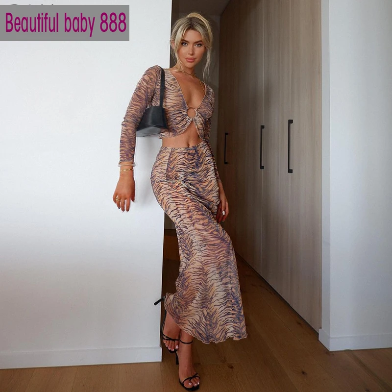 

Meqeiss Tiger Print V-Neck Women Long Sleeve Sexy Crop Tops+Maxi Bodycon Long Dress Matching Outfit Female 2021 Spring Dress Set