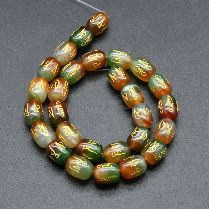 

New Arrival Fantasy Color Green Red Barrel Shape 11x14mm Strand Loose Beads Six Words Carved DIY Jewelry Making 5Strand/lot