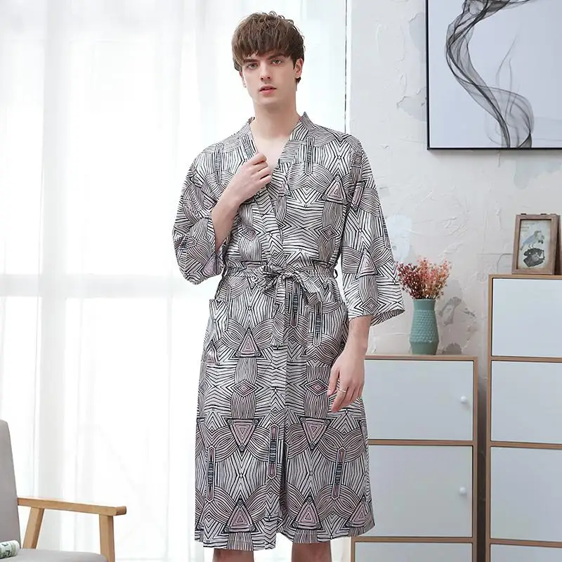 Men Satin Robe Lovers Sleepwear Nightgown Print Kimono Bathrobe Gown Home Clothing Casual Homewear Nightwear Big Size 3XL