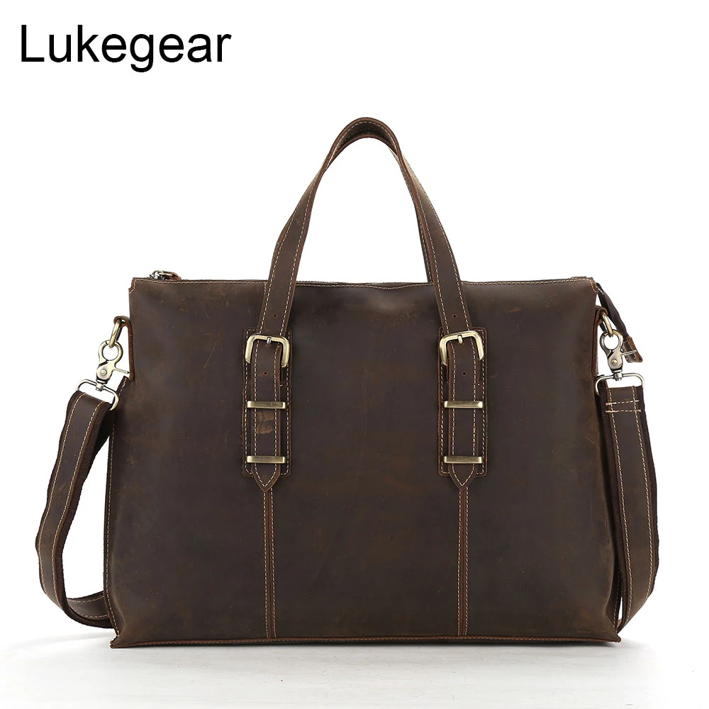 Lukegear натуральная кожа компьютерные сумки для мужчин ретро однотонный портфель