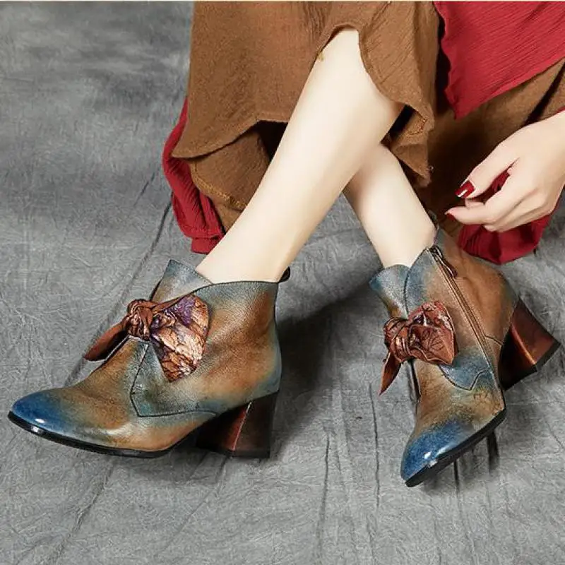 

YourSeason 2020 Spring Autumn Platform Retro Boot Round Toe Genuine Leather Zip Square Heel Shoes Butterfly Knot Ankle Boots