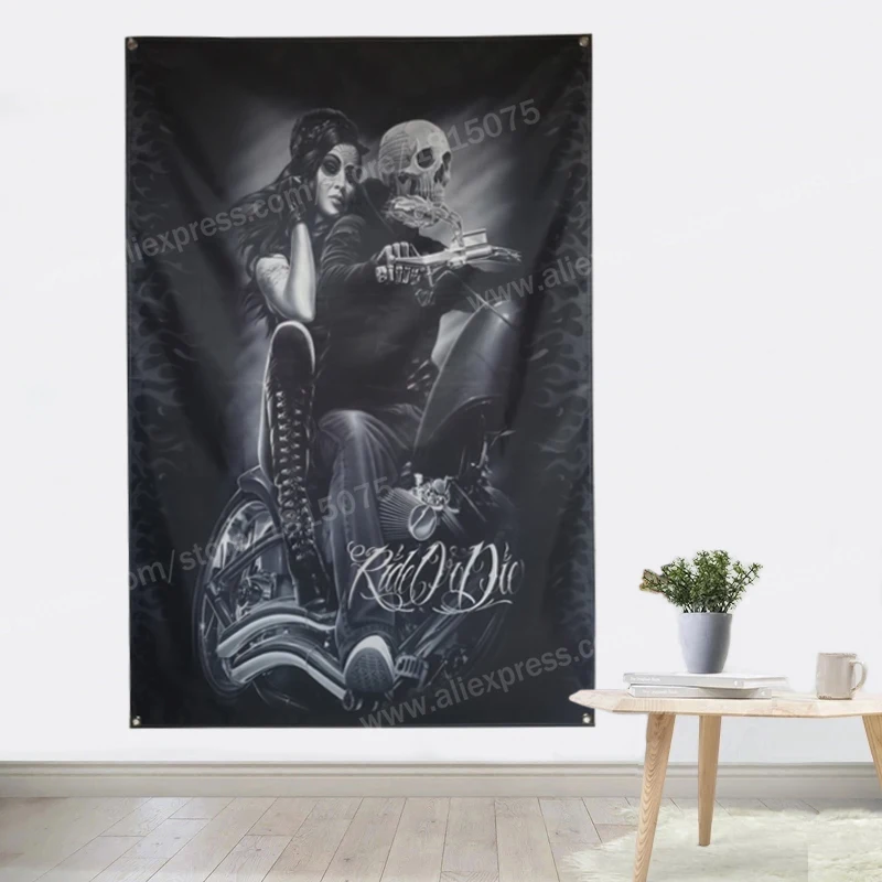 Skull Tattoo Motorcycle Biker Rider Flag Banner Sexy Lady Beauty Home Decoration Hanging 4 Gromments In Corners 3*5FT 144*96CM |