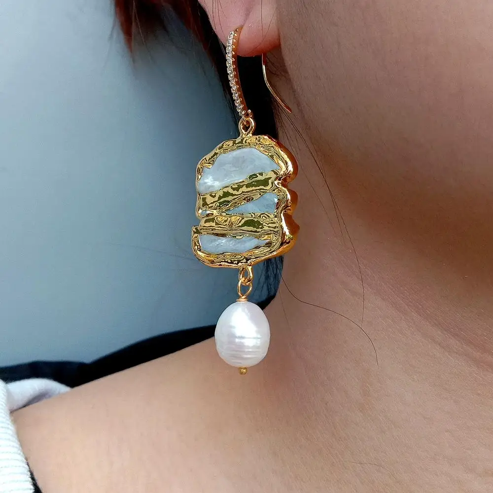 Y · YING натуральный белый пресная вода жемчужина Бива с гальваническим краем