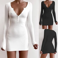 women casual solid color low cut v neck tight fitting long sleeved dress knitted mini party autumn long sleeve sexy club dress