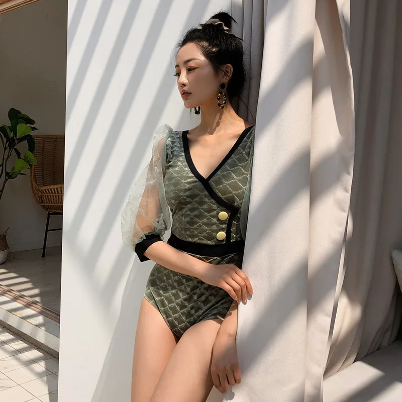 

2021 Sexy Gauze One Piece Swimsuit Women Solid Swimwear Long Sleeve Monokini Push Up Swim Suit Korea Slim Mesh Bathing