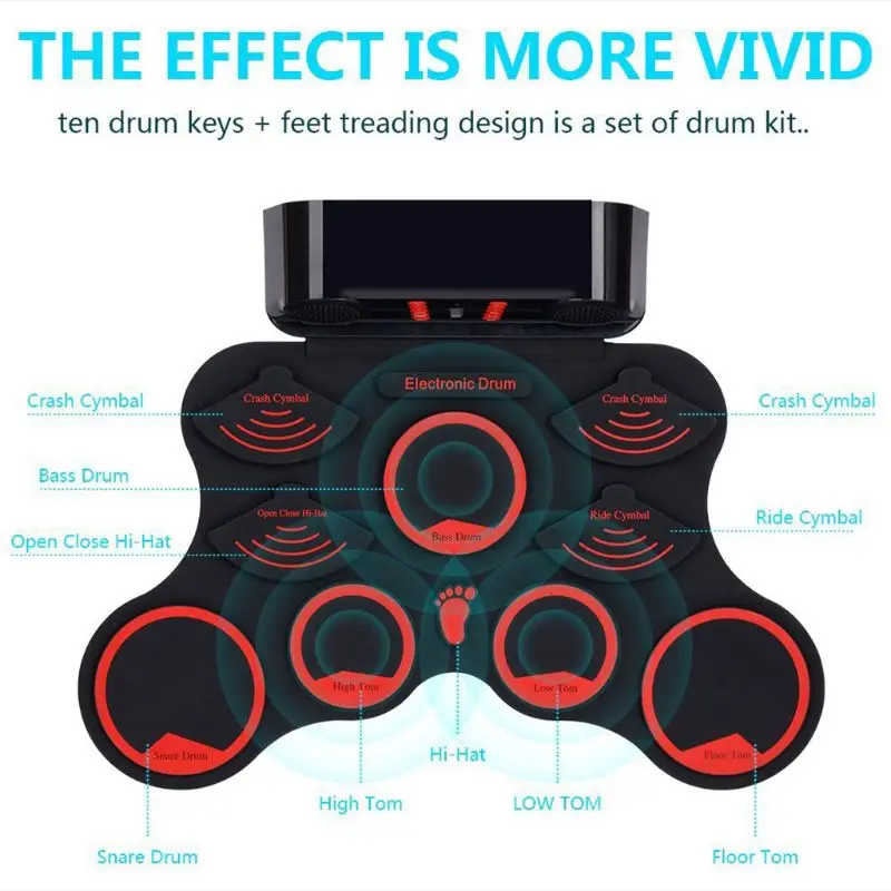 

Portable Electronic Drum Digital USB 9 Pads Hand Roll up Drum Set Silicone Electric Drum Pad Kit With Drumsticks Foot Pedal