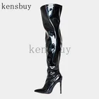 Женские лакированные сапоги выше колена, черные сапоги из лакированной кожи с острым носком на высоком каблуке, обувь для ночного клуба, размеры 34-48