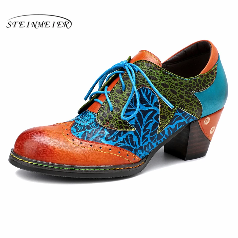 Женские туфли оксфорды из натуральной кожи винтажные синие на каблуке весна