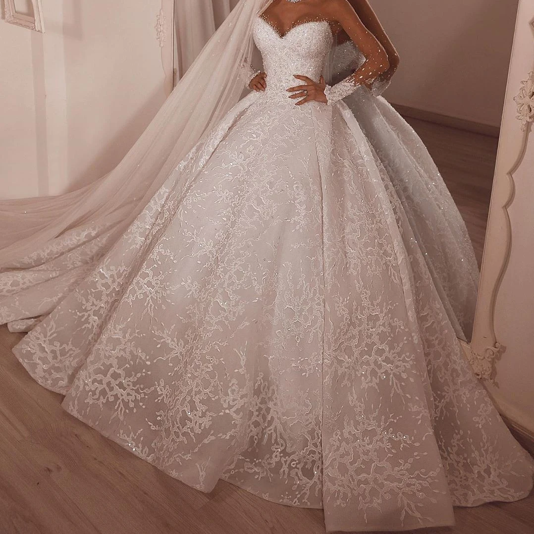 

Custom Made Bride Dresses Sheer Long Sleeves Ball Gown Beaded Appliques Jewel Neck Special Day Of The Bride Long Gowns