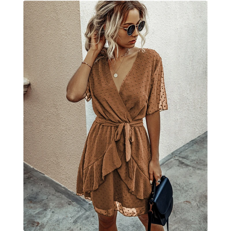 

Women Dress 2021 Summer V Neck Short Sleeve Lace Up High Waist Ruffles Mini Dresses Casual Solid Dots Loose Chiffon Dress Female