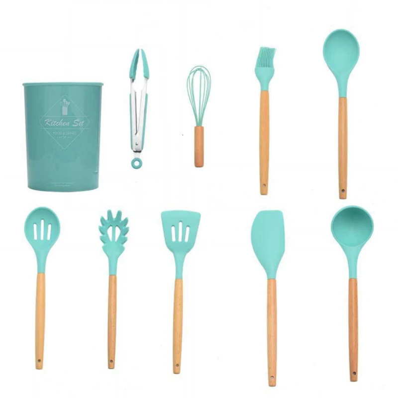 Green 9PCS 9/11 шт/силиконовый Пособия по кулинарии набор посуды с ящик для хранения натуральные деревянные ручки с антипригарным покрытием лопатка Черпак Кухня посуда инструменты - Цвет: Green 9PCS