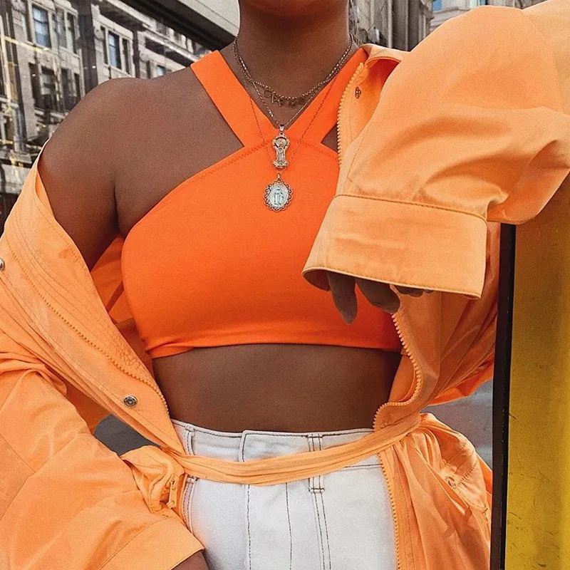 Оставайтесь аккуратными неоновые оранжевые кружевные тонкие топы на бретелях 2019