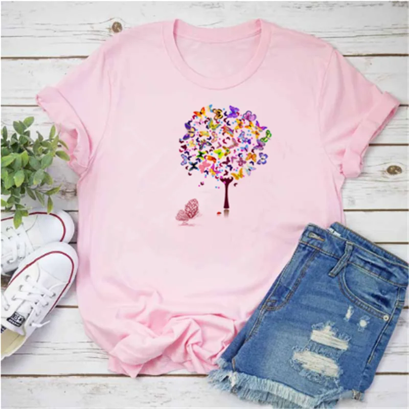 

Футболка женская с надписью, модный топ с коротким рукавом, с принтом дерева и бабочки, Повседневная летняя в стиле Харадзюку