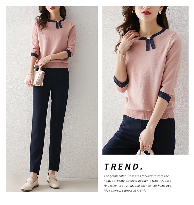 

Retro Women's Knitwear Spring Summer Fashion Casual Short Sleeve Loose O-neck Splicing Office Lady Top COTTON Houthion