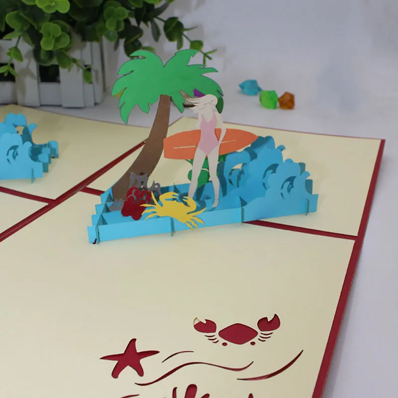 Открытка из бумаги с изображением кокосового дерева и пляжа креативная 3D