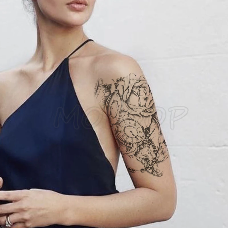 

Temporary Tattoo Stickers Sexy Rose Pocket Watch Fake Tatto Waterproof Tatoo Back Leg Arm Belly Big Size for Women Men Girl