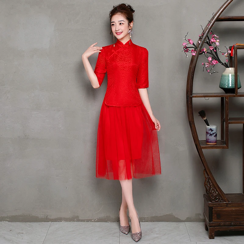 2 шт./компл. элегантные Чай-длина Винтаж традиционный Cheongsam красные платья для