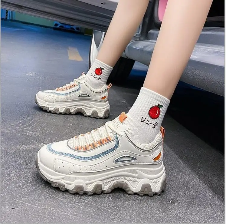 

Chunky Sneakers Women Genuine Leather Mesh Mixed Colors Cross-Tied Fashion Platform Lady Casual Shoes Handmade Tenis Feminino