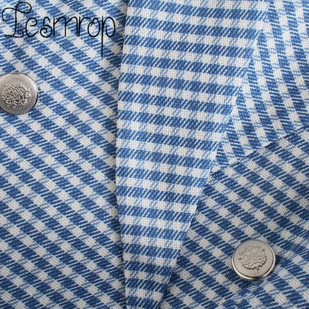 

LESMROP 2021 ZA Women New Autumn Blue Houndstooth Double Breasted Blazer Coat Jacket Outerwear Casual Chic Fashion LP28BZ6468