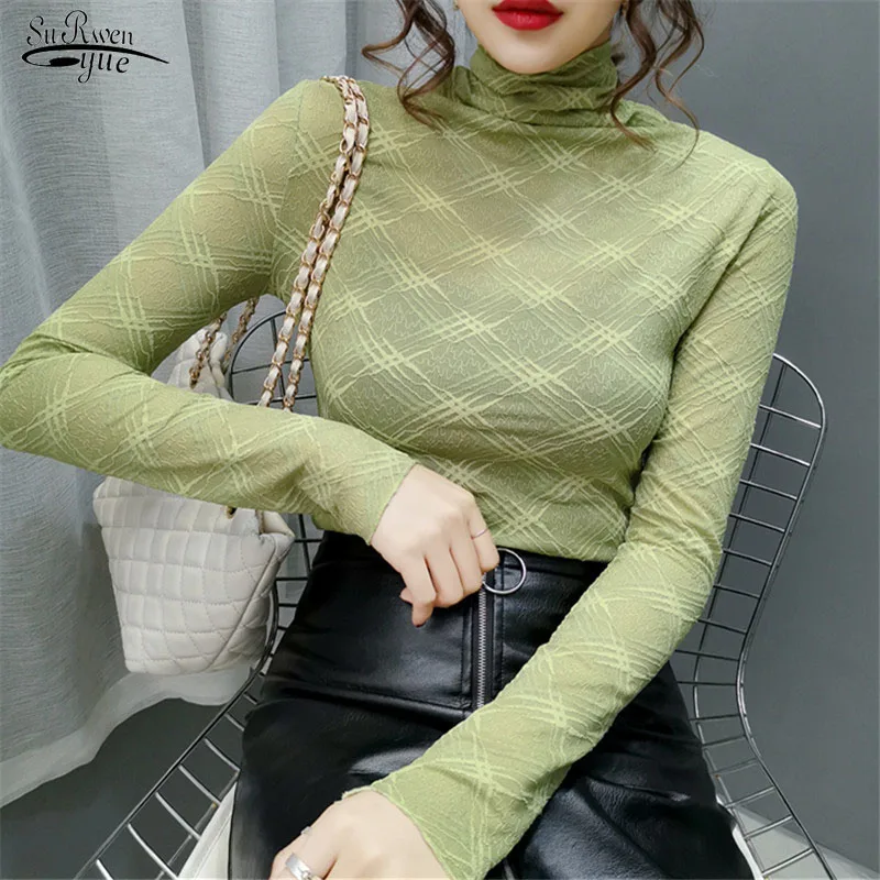 

Long Sleeve Turtleneck Lace Bottoming Shirt New Style for Autumn and Winter Sexy Priming Lace Upper Garment Female Blusas 10811