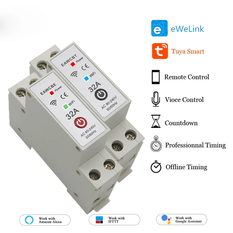 

32A 1P 1P+N WiFi Smart Circuit Breaker Time Relay Switch Remote Control by Tuya Smart /eWeLink for Alexa Google Home Assistant