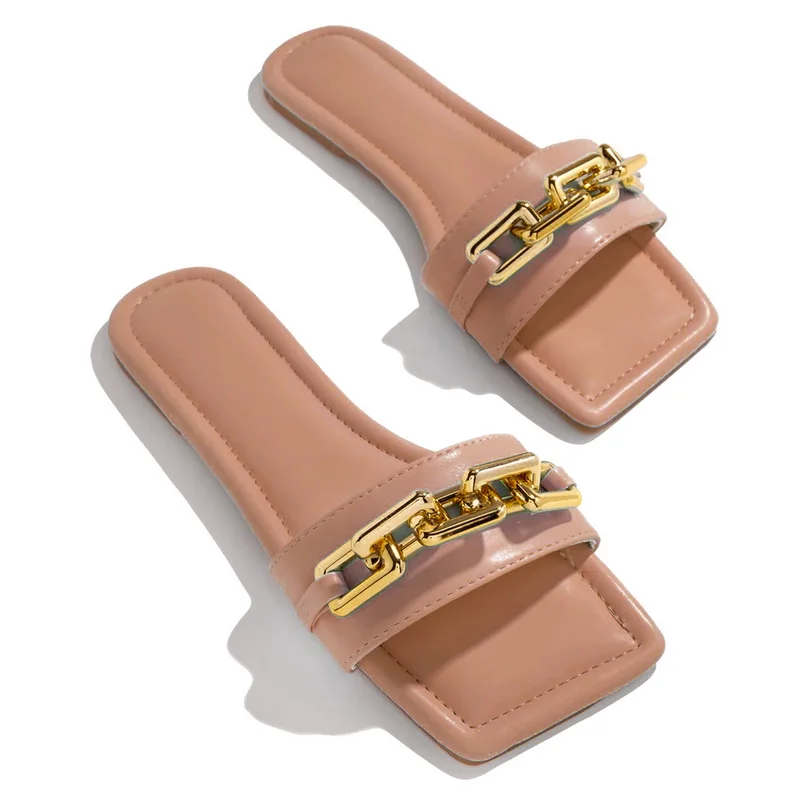 

Women Slippers Summer Sandals Solid Color Chain Ladies Outdoor Slides Breathable Beach Flat Shoes Woman Flip Flops Big Size 43