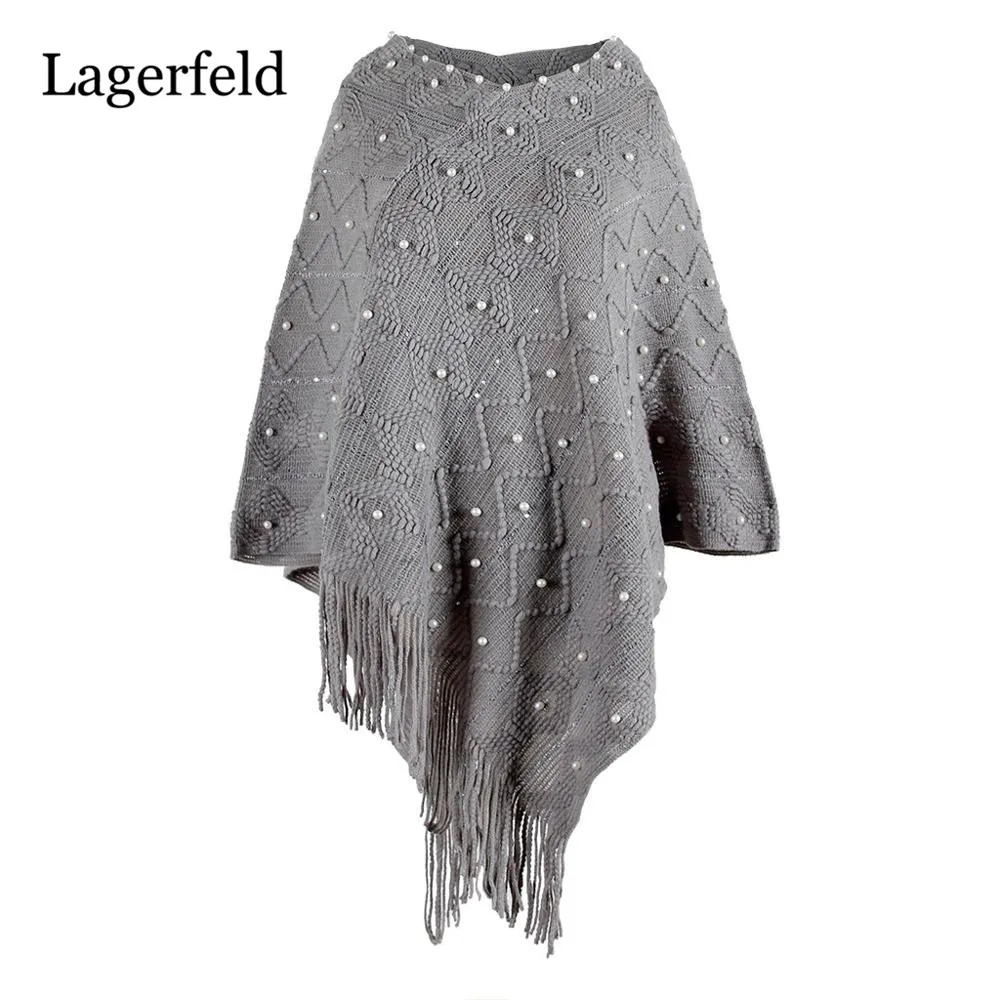 Женская вязаная накидка однотонная кашемировая с кисточками жемчужное Пальто