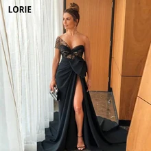 LORIE – robe longue de soirée noire en Satin, asymétrique épaule dénudée, style sirène, fendue sur le côté, col en cœur, avec nœud, 2021  (3)