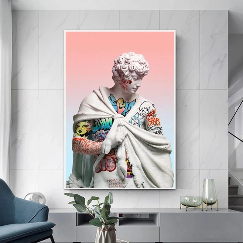 

Vaporwave Art Posters Sculpture of David Canvas Painting Creative Graffiti David Sculpture Wall Pictures for Living Room Decor