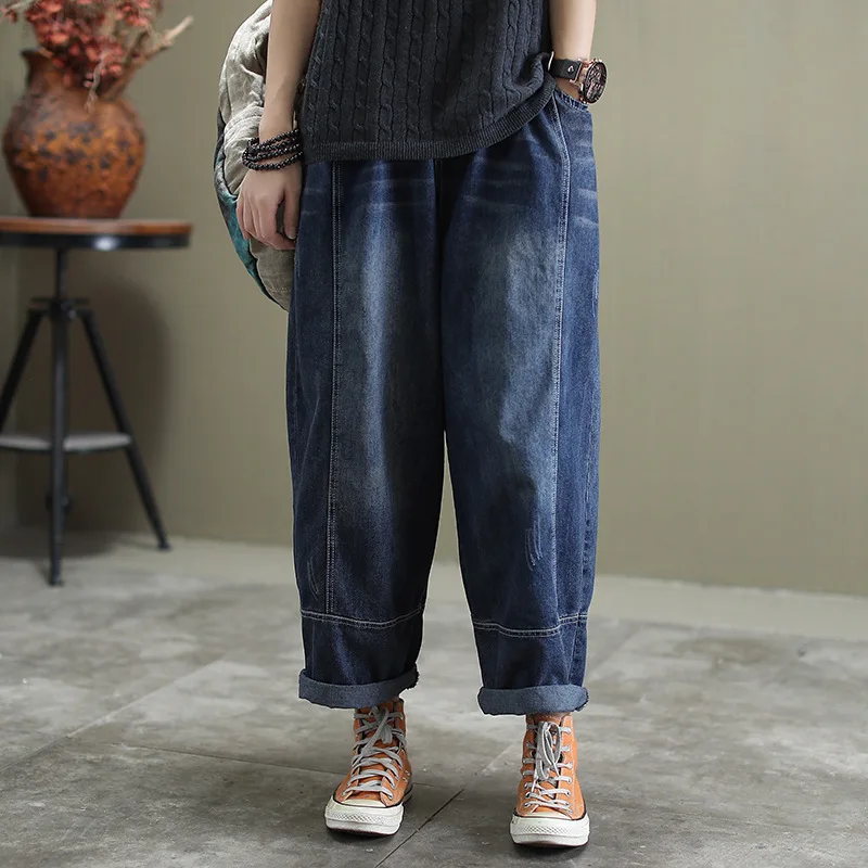 2020 весенние женские джинсы большого размера свободные с эластичной резинкой на