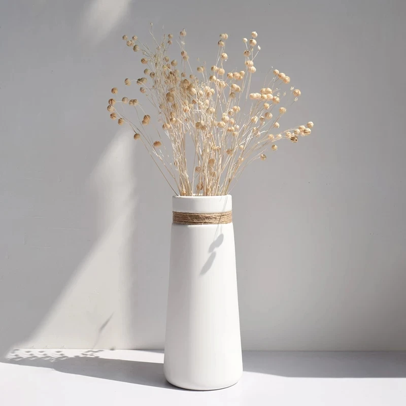 

Modern Minimalist Flower Vase White Ceramic Matte Vase with Hemp Rope for Dried Flower Centerpiece Crafts Home Table Decoration
