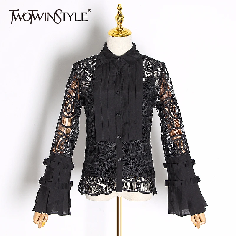 TWOTWINSTYLE Женская кружевная блузка вышивка расклешенный рукав сексуальная женская