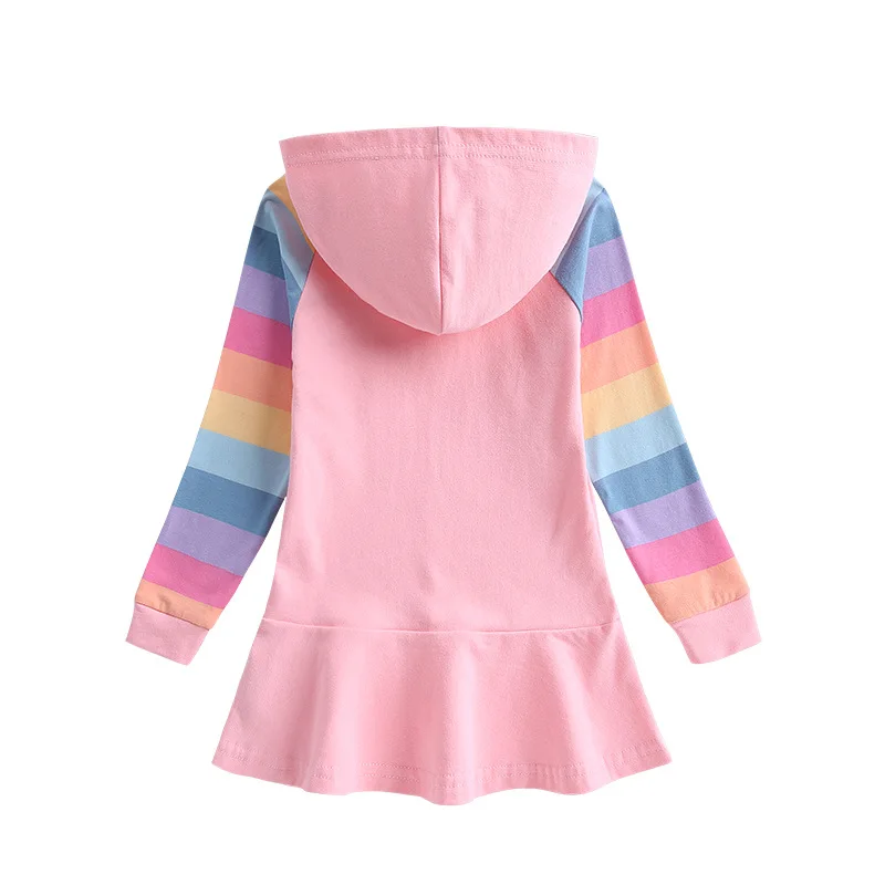 

Spring Autumn Frozen Cotton Rainbow Long Sleeve Child Girl Cotton Dress Hooded Sweater Elsa Princess Blue Purple Pink Dress