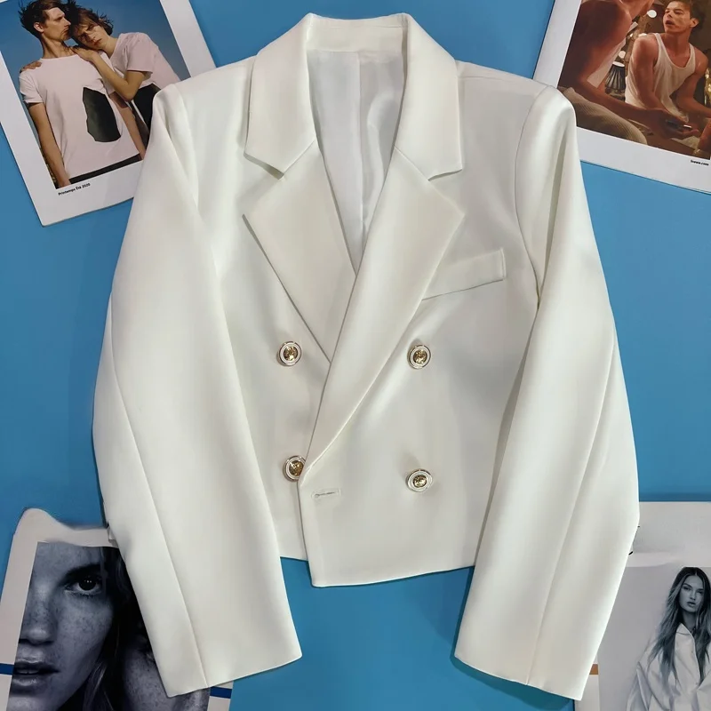 

Белые женские блейзеры, осень 2022, двубортные, с длинным рукавом, с коротким кармашком, элегантные, офисные, женские пиджаки, пальто, топы