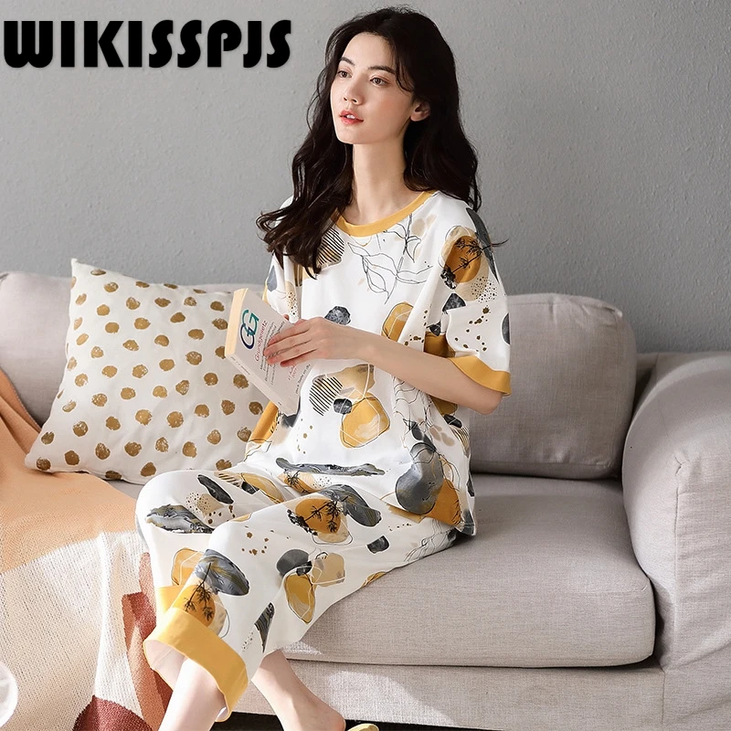 

Летняя новая Хлопковая пижама WIKISSPJS WIKISSPJS2022 с круглым вырезом, женские Капри с коротким рукавом, простая натуральная Домашняя одежда, пижамный комплект