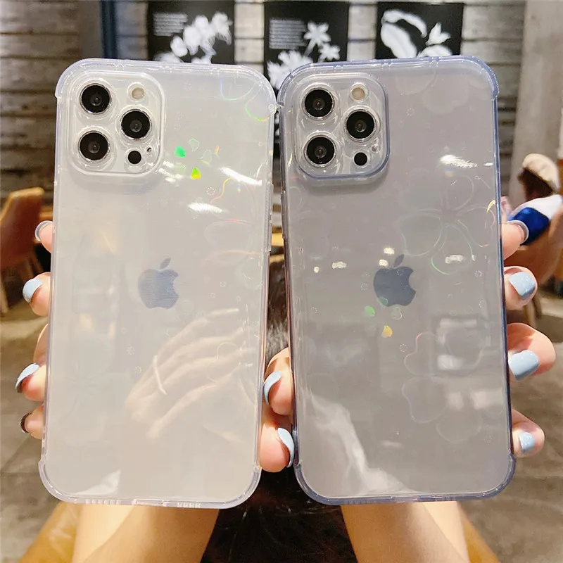 Ottwn Holographic Flower Transparent Case With Hearts For iPhone 11 12 Pro Max 13 XR 7 8 Plus XS X SE 2020 Colorful Laser Cover