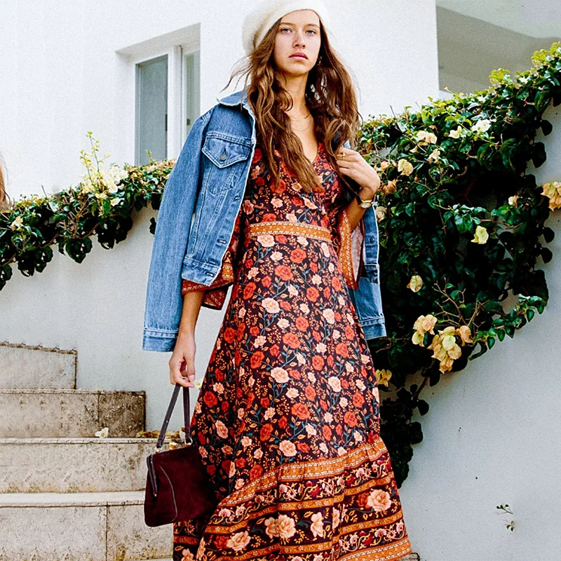 Boho шикарное летнее винтажное платье макси с v образным вырезом и цветочным