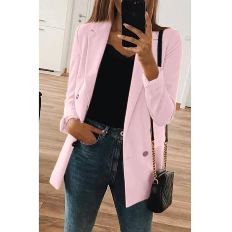 

Women 2021 Fashion Office Wear Pockets Blazers Coat Vintage Notched Collar Long Sleeve Female Outerwear Chic Tops