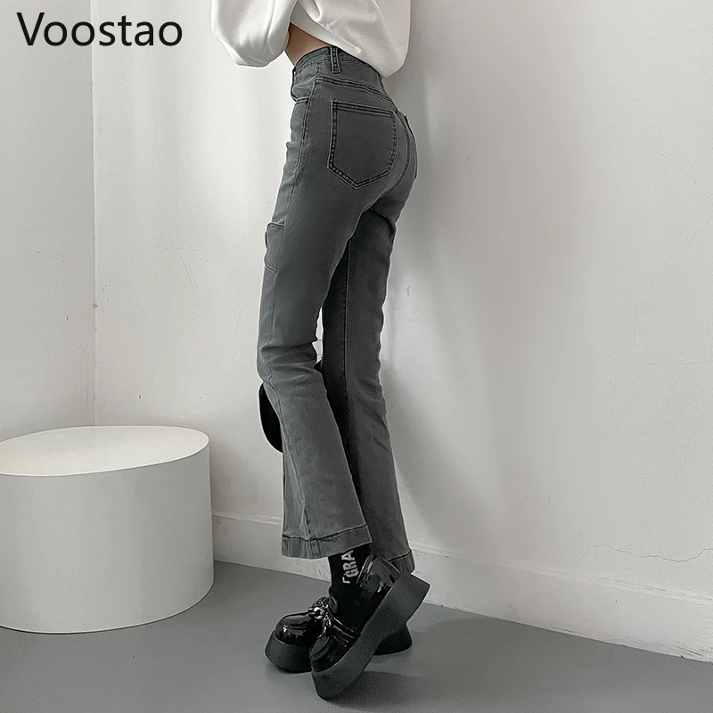 Брюки-клеш Женские джинсовые с завышенной талией и металлической пряжкой |