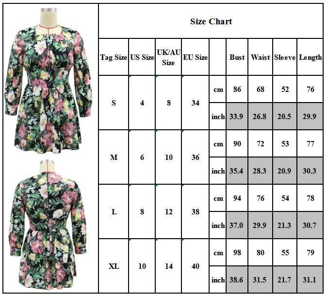 

Women Boho Long Sleeves Floral Midi Dress Crew Neck High Wasit Short Dresses