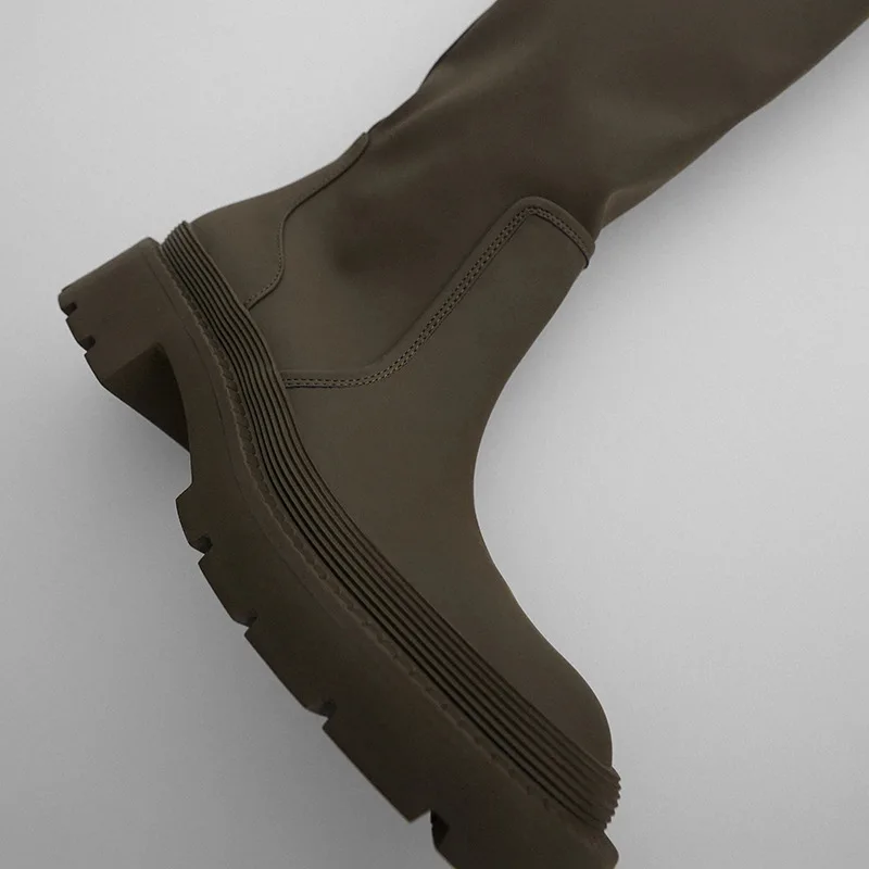 

2020 New Women's shoes Khaki Green Laminated Flat Boots Winter Knee-over Boots