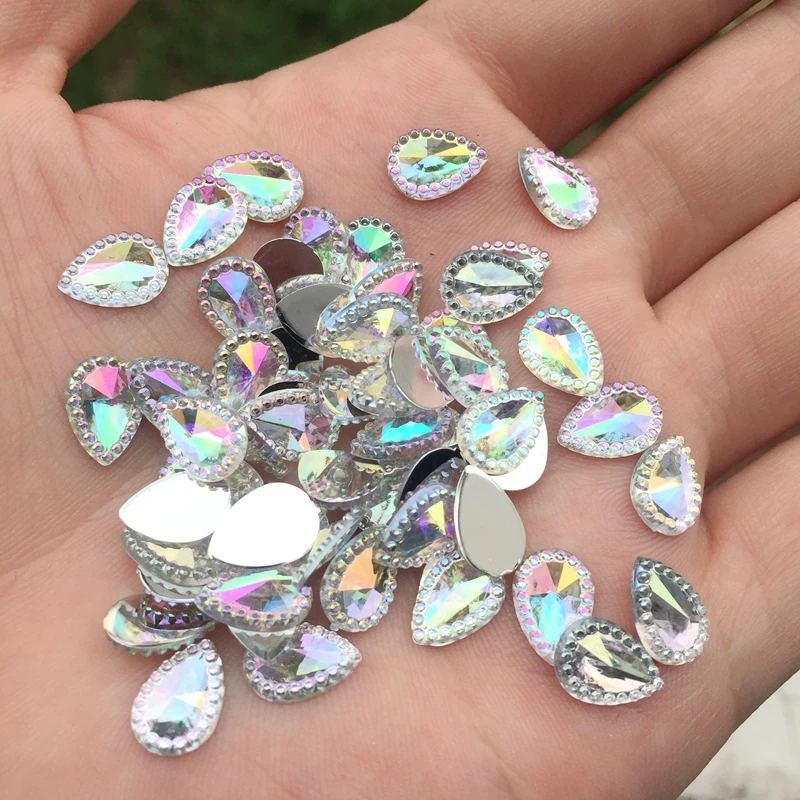 100 шт./лот 7*10 мм белый цвет AB в форме капли воды с плоской задней частью со стразами