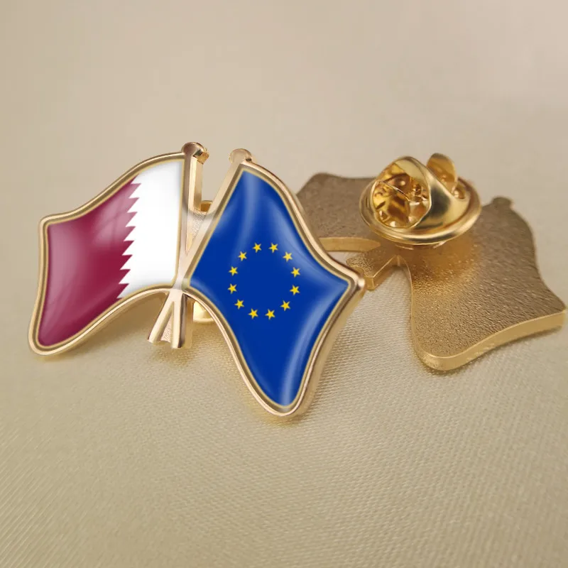 

European Union and Qatar Crossed Double Friendship Flags Brooch Badges Lapel Pins