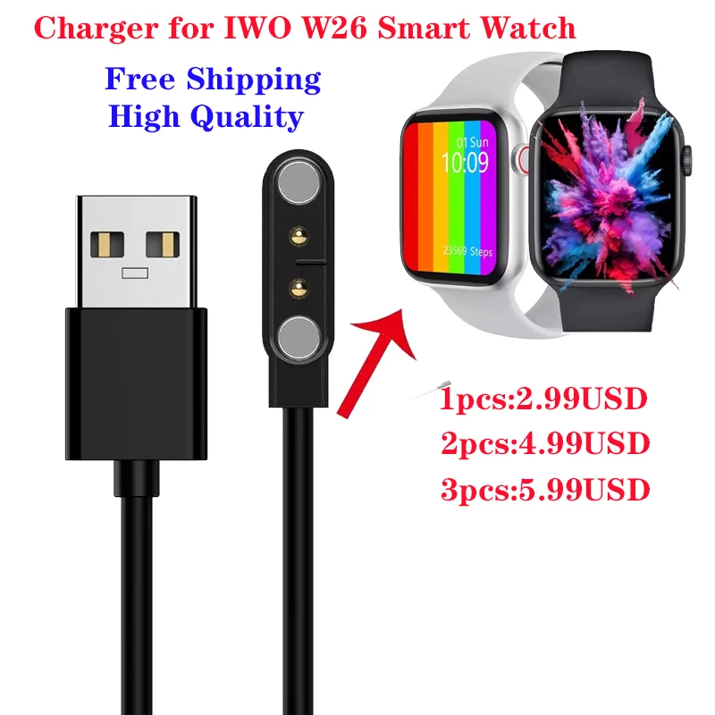 

Fast shipping 2pin Magnetic Smartwatch Dock Charger Adapter USB Charging Cable Cord for iWO W26 Smart Watch Accessories