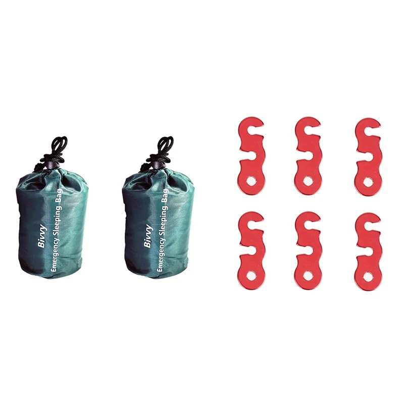 

6Pcs Aluminum Alloy Guyline Cord Adjuster Camping Tent Shelter Tensioner with 2Pack Emergency Sleeping Bag