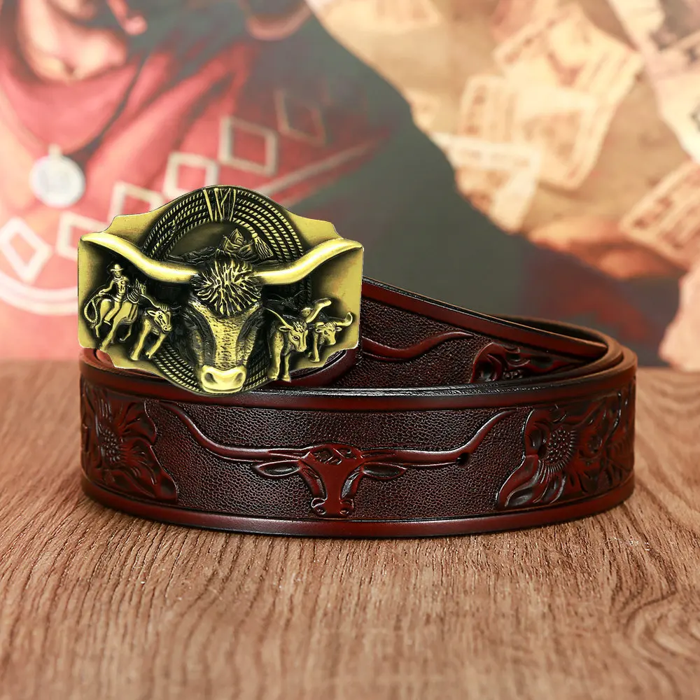 

Western Cowboy Men's Leather Retro Belt Domineering Bull Head Buckle Leather Belt Pattern Retro Leather Belt