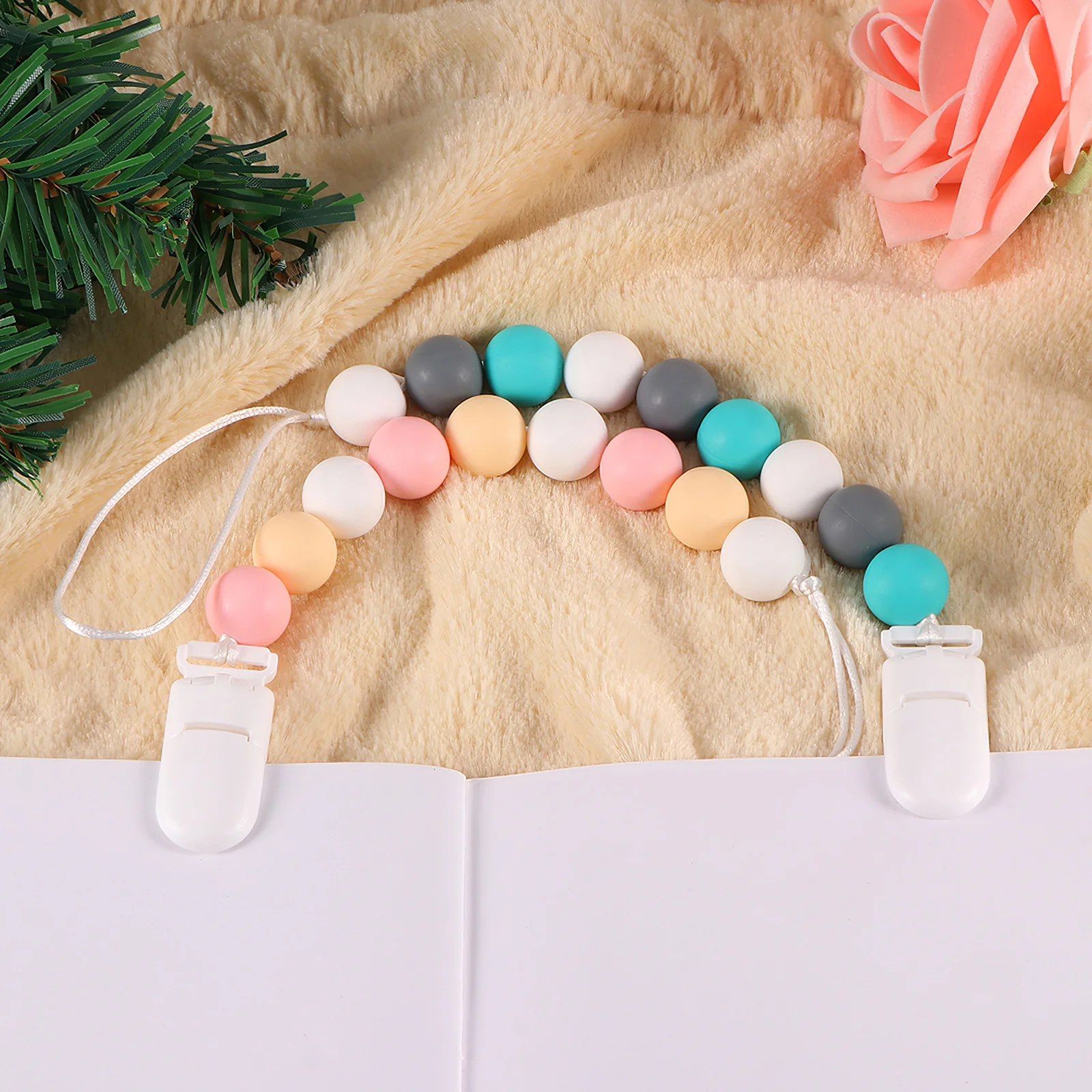 

2pcs Silicone Pacifier Clip Heat Resistant Colorful With Anti-Dropping Chain Silicone Teether Safe Teething Beads For Toddler